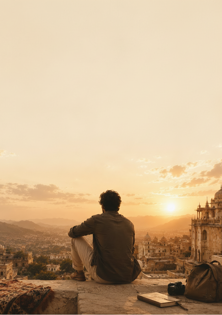 Banjaara album cover artwork featuring a man sitting on a stone wall overlooking a scenic Rajasthan landscape at sunset, with the Banjaara logo in the top right corner.
