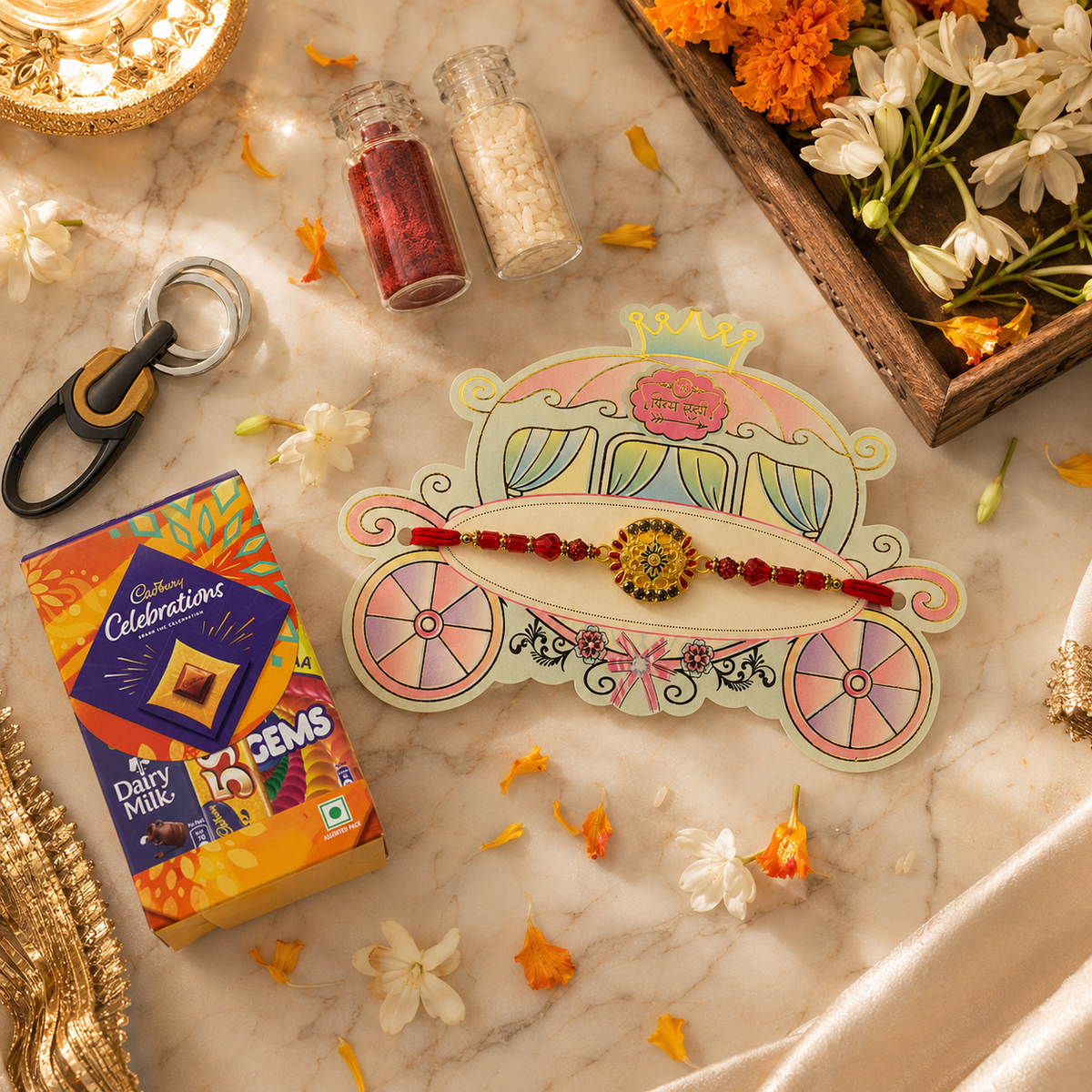 Banjaara Premium Floral Designer Rakhi Gift Hamper with Cadbury Celebrations