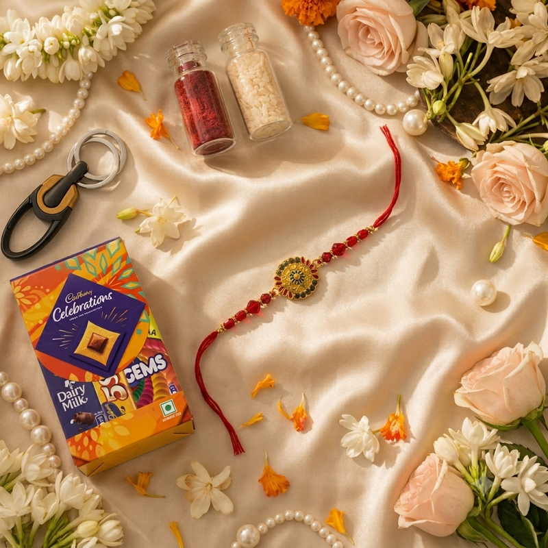 Banjaara Premium Floral Designer Rakhi Gift Hamper with Cadbury Celebrations 3