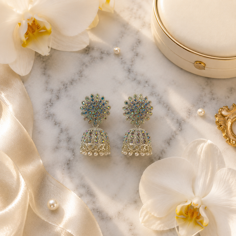 Celestial Bloom AD Stone Pearl Jhumka Earrings for Women 3