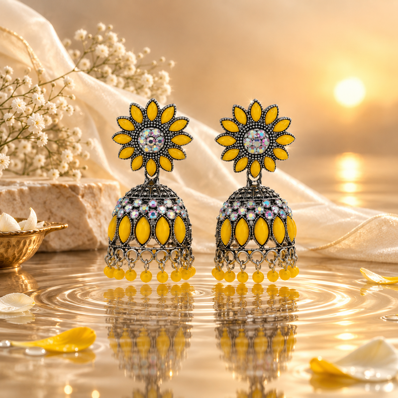 Sunflower Yellow Oxidised Jhumka Earrings with Crystal & Beaded Drops for Women 5