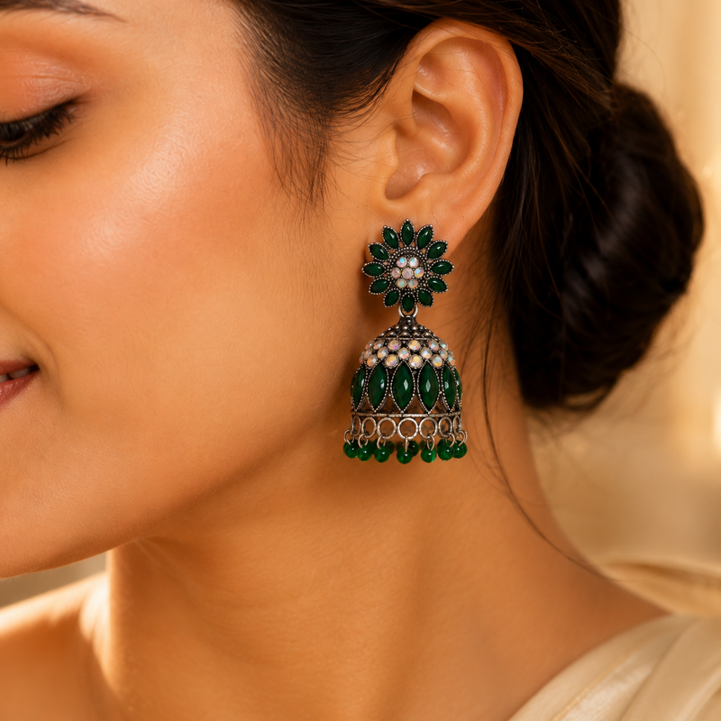 Emerald Green Floral Oxidised Jhumka Earrings with Crystal Accents for Women 2
