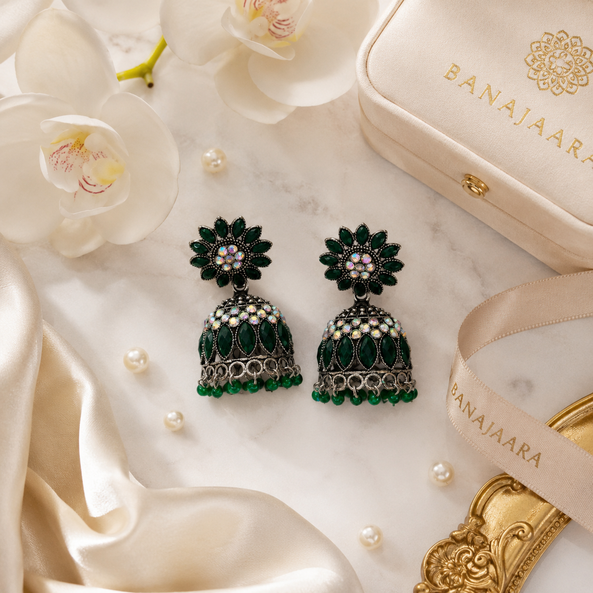 Emerald Green Floral Oxidised Jhumka Earrings with Crystal Accents for Women
