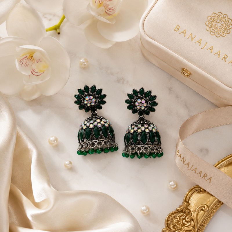 Emerald Green Floral Oxidised Jhumka Earrings with Crystal Accents for Women 1