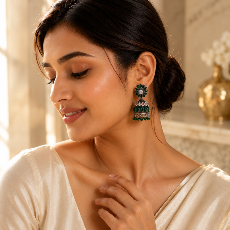Emerald Green Floral Oxidised Jhumka Earrings with Crystal Accents for Women 4