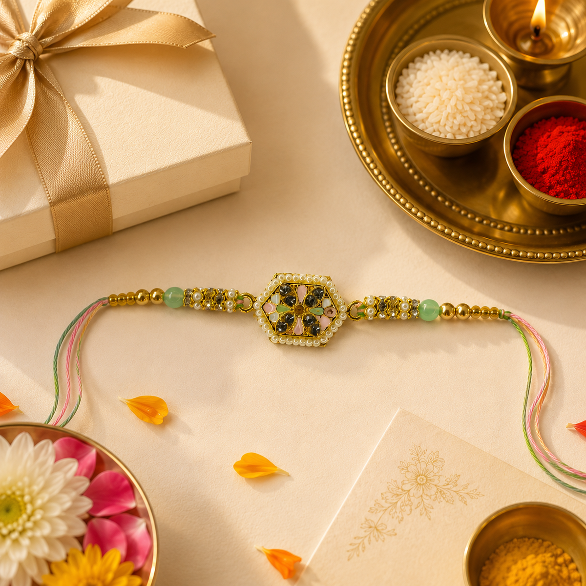 Handcrafted Floral Pearl Rakhi for Brother