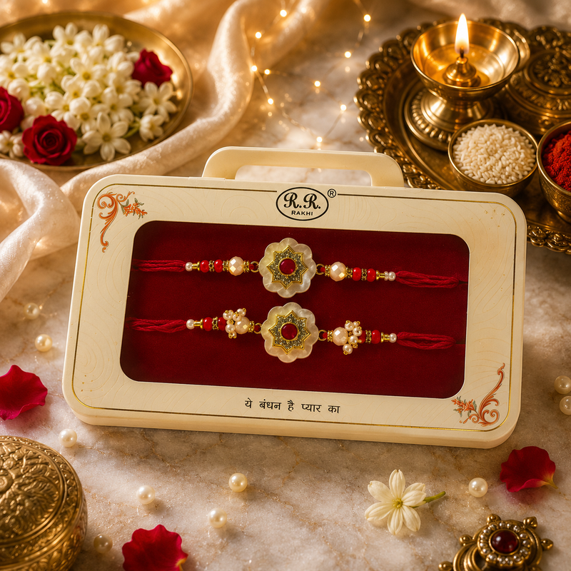 Luxury Designer Floral Kundan Rakhi Pair for Brothers with Premium Pearl Detailing 3