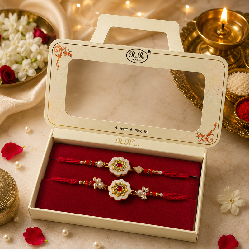 Luxury Designer Floral Kundan Rakhi Pair for Brothers with Premium Pearl Detailing 1