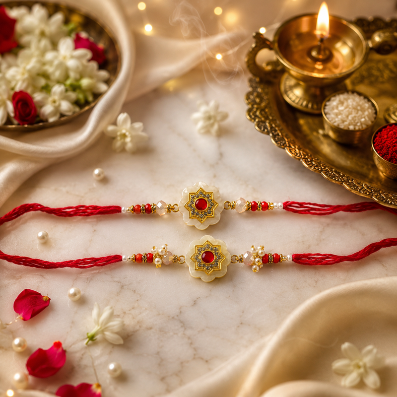 Luxury Designer Floral Kundan Rakhi Pair for Brothers with Premium Pearl Detailing 2