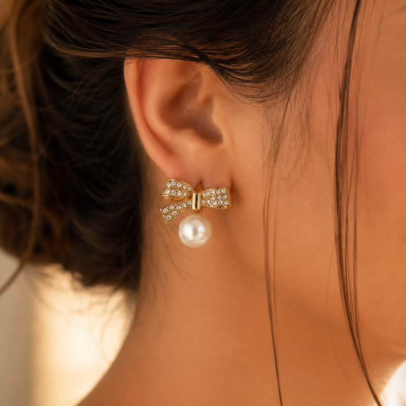 Luxury Gold Bow Pearl Stud Earrings for Women 2