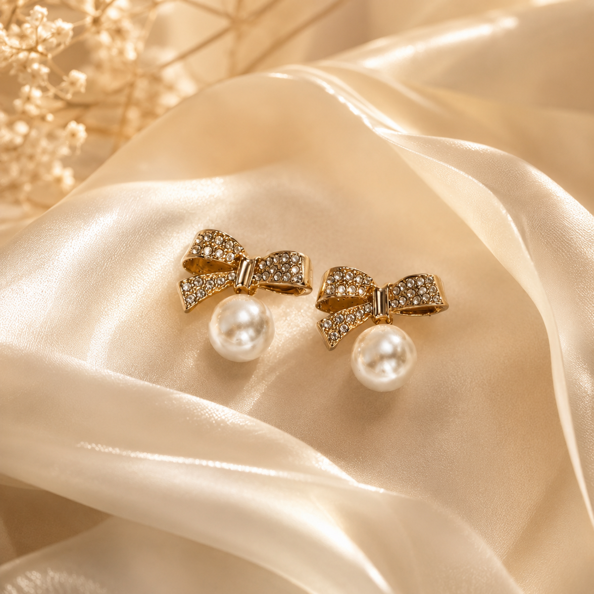 Luxury Gold Bow Pearl Stud Earrings for Women