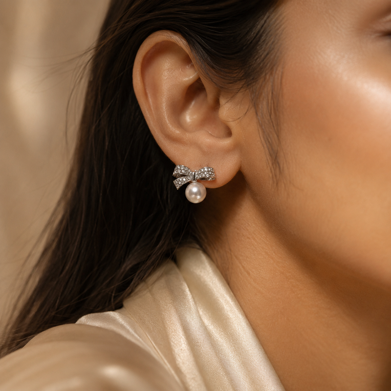 Luxury Silver Bow Pearl Stud Earrings for Women 2