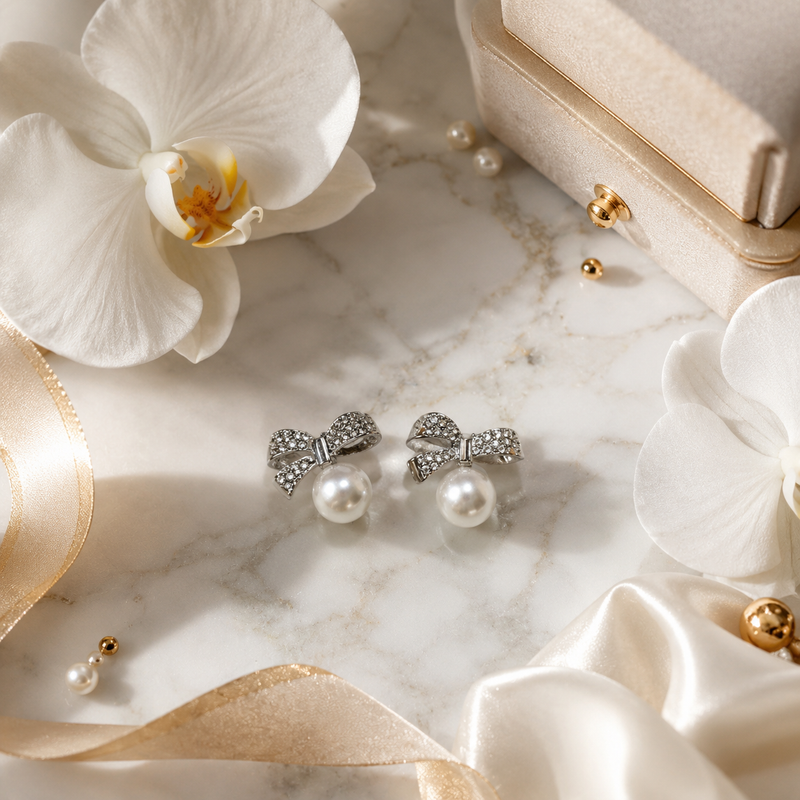 Luxury Silver Bow Pearl Stud Earrings for Women 3