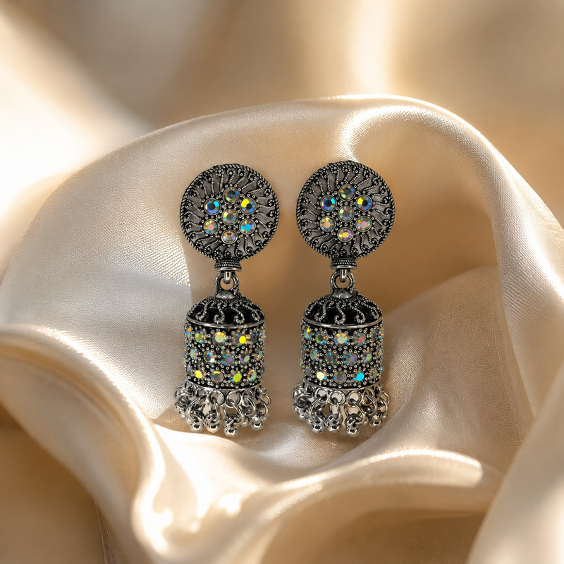 Oxidised Crystal Jhumka Earrings with Sparkling Stone Detailing for Women 1