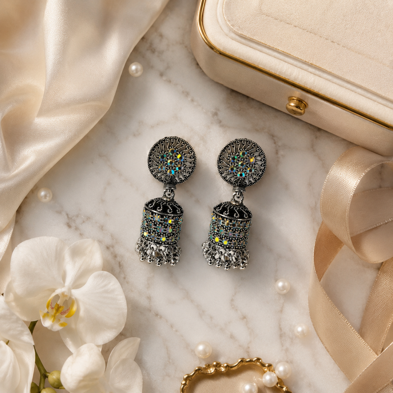 Oxidised Crystal Jhumka Earrings with Sparkling Stone Detailing for Women 3