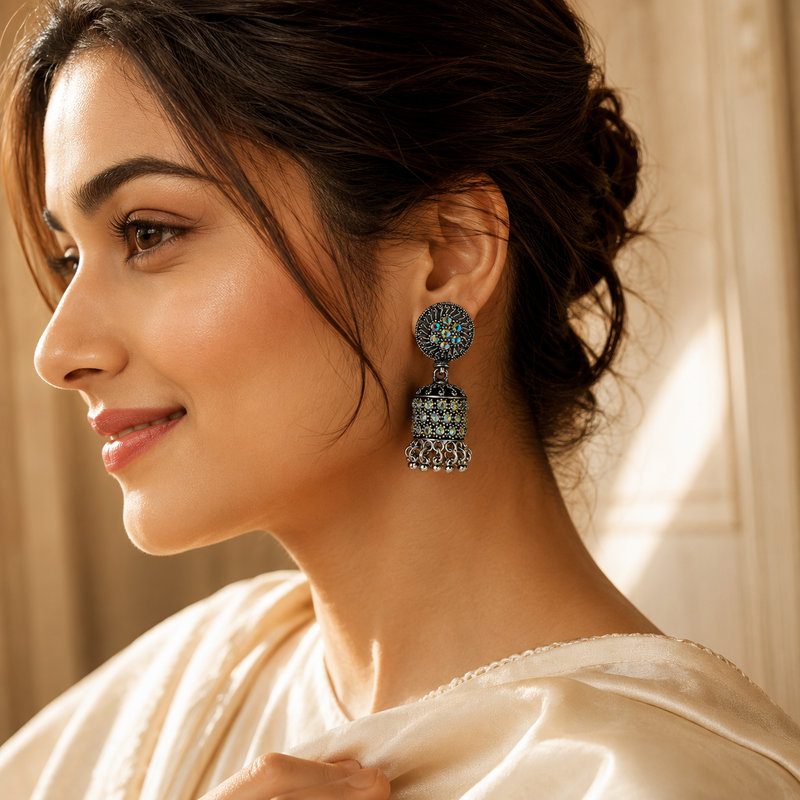 Oxidised Crystal Jhumka Earrings with Sparkling Stone Detailing for Women 2