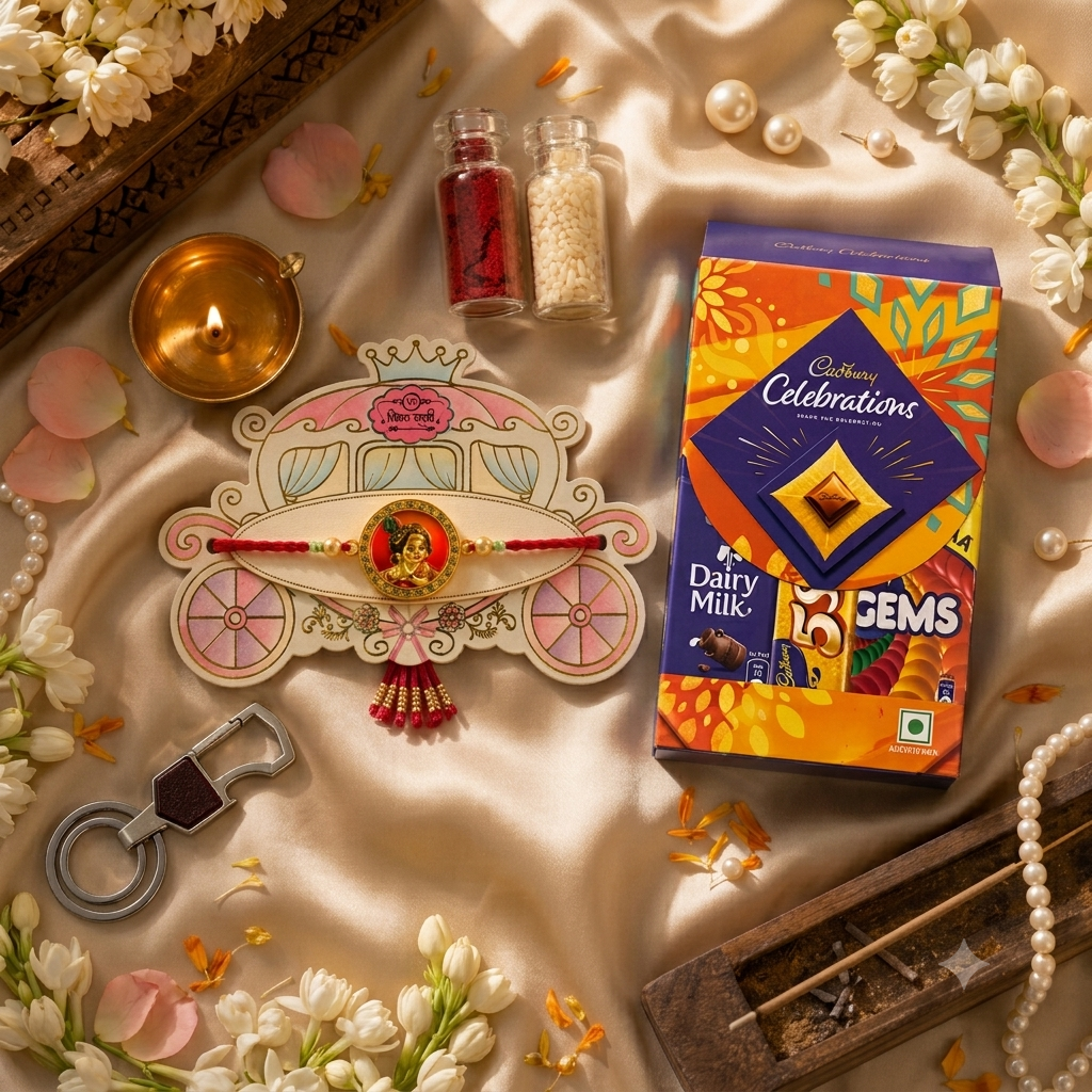 Premium Radha Krishna Rakhi Gift Combo for Brother with Chocolates & Keychain