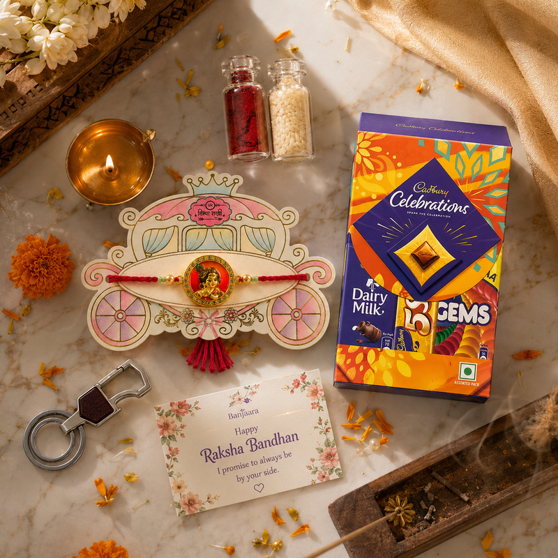 Premium Radha Krishna Rakhi Gift Combo for Brother with Chocolates & Keychain 3