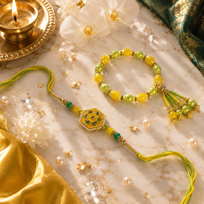 Luxury Yellow & Green Bhai Bhabhi Rakhi Pair 2