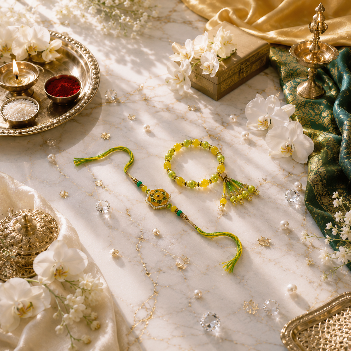 Luxury Yellow & Green Bhai Bhabhi Rakhi Pair