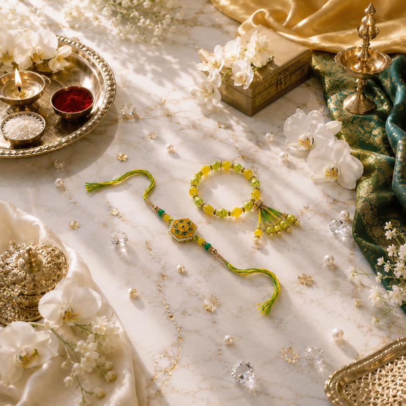 Luxury Yellow & Green Bhai Bhabhi Rakhi Pair 1