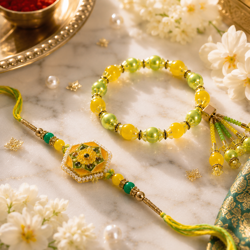 Luxury Yellow & Green Bhai Bhabhi Rakhi Pair 4