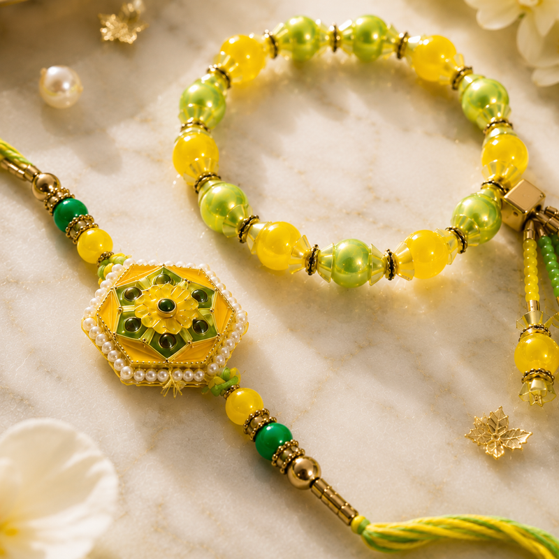 Luxury Yellow & Green Bhai Bhabhi Rakhi Pair 6