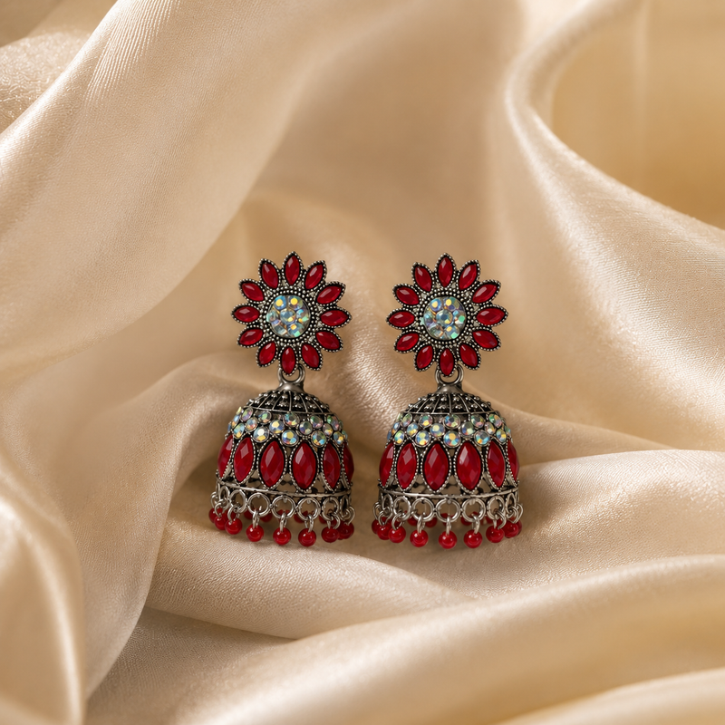 Royal Ruby Floral Oxidized Jhumka Earrings for Women 3