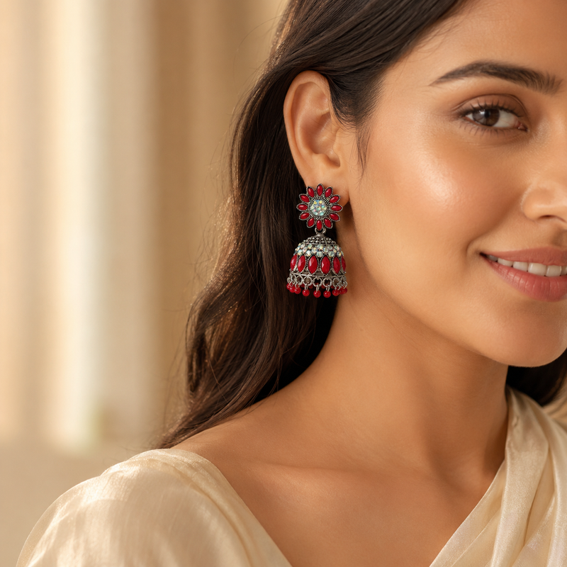 Royal Ruby Floral Oxidized Jhumka Earrings for Women 2