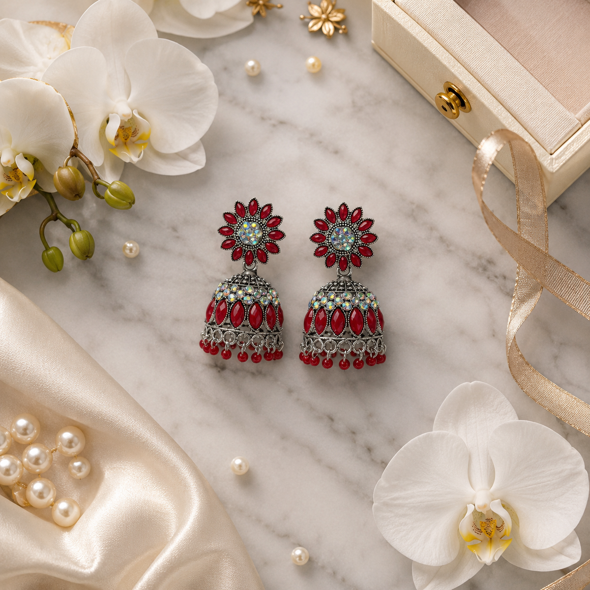 Royal Ruby Floral Oxidized Jhumka Earrings for Women