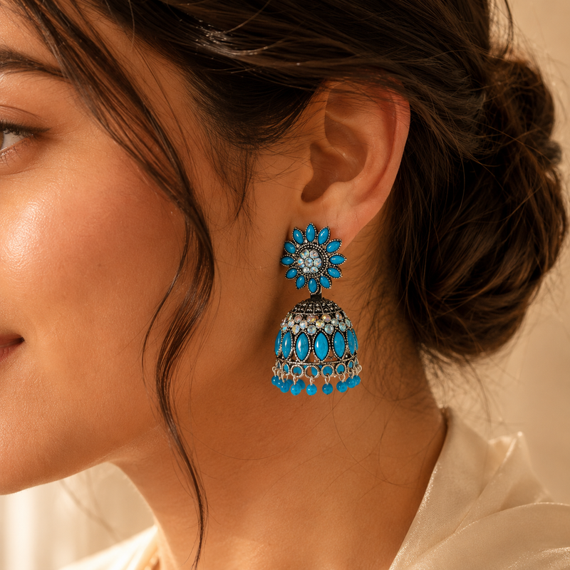 Sky Blue Floral Oxidised Jhumka Earrings with Crystal Accents for Women 2