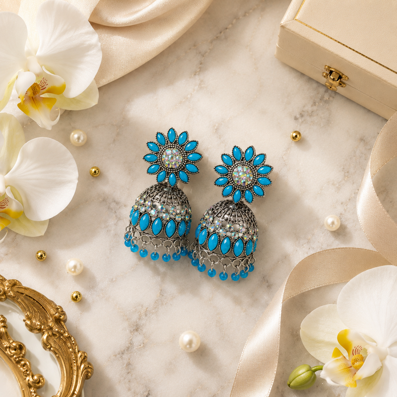 Sky Blue Floral Oxidised Jhumka Earrings with Crystal Accents for Women 1