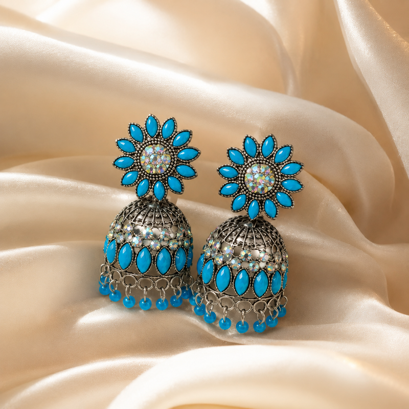 Sky Blue Floral Oxidised Jhumka Earrings with Crystal Accents for Women 3