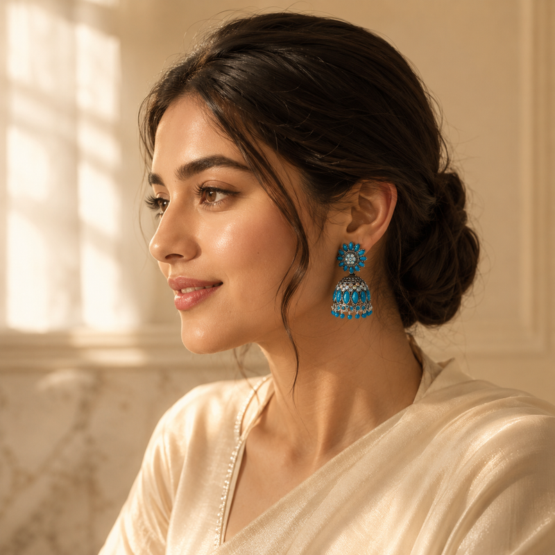 Sky Blue Floral Oxidised Jhumka Earrings with Crystal Accents for Women 4