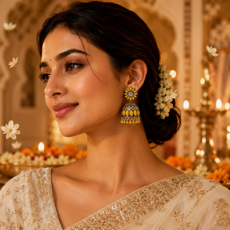 Sunflower Yellow Oxidised Jhumka Earrings with Crystal & Beaded Drops for Women 4
