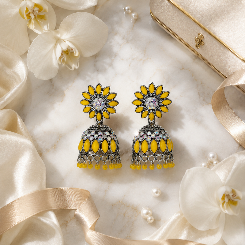 Sunflower Yellow Oxidised Jhumka Earrings with Crystal & Beaded Drops for Women 1
