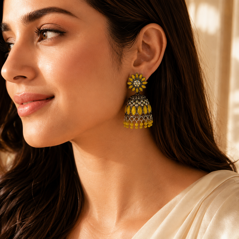 Sunflower Yellow Oxidised Jhumka Earrings with Crystal & Beaded Drops for Women 2