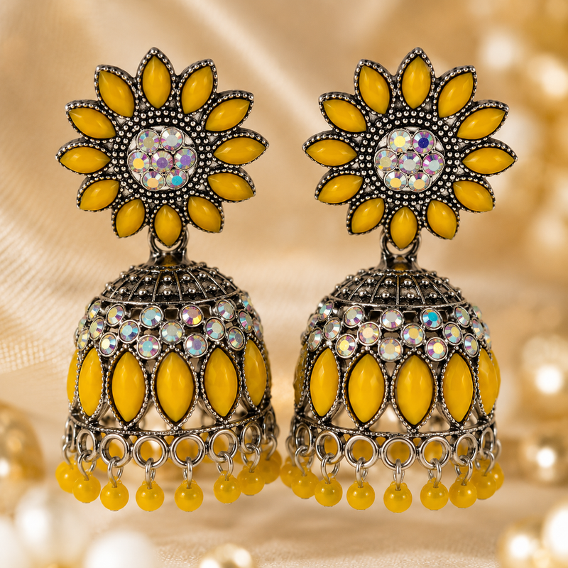 Sunflower Yellow Oxidised Jhumka Earrings with Crystal & Beaded Drops for Women 3