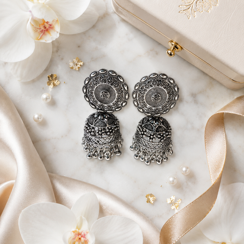 Traditional Oxidised Silver-Tone Dome Jhumka Earrings for Women 4