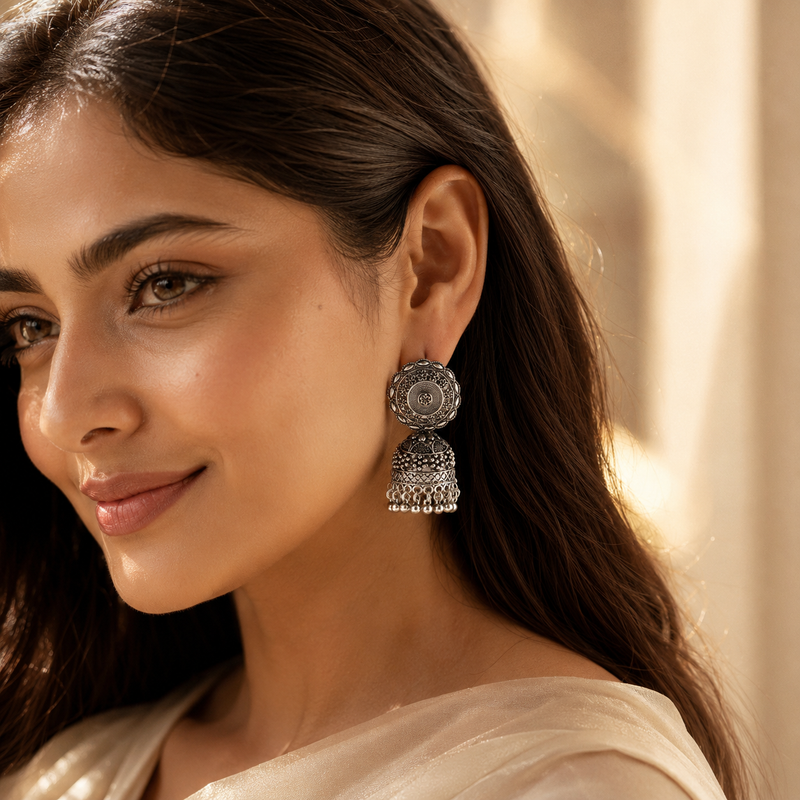 Traditional Oxidised Silver-Tone Dome Jhumka Earrings for Women 2