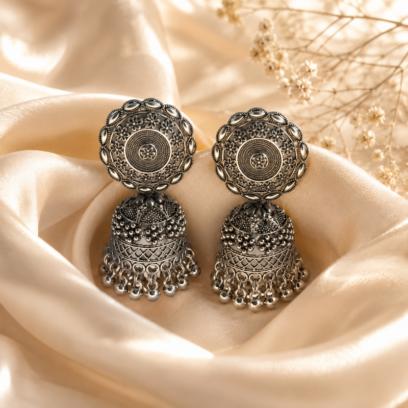 Traditional Oxidised Silver-Tone Dome Jhumka Earrings for Women 1