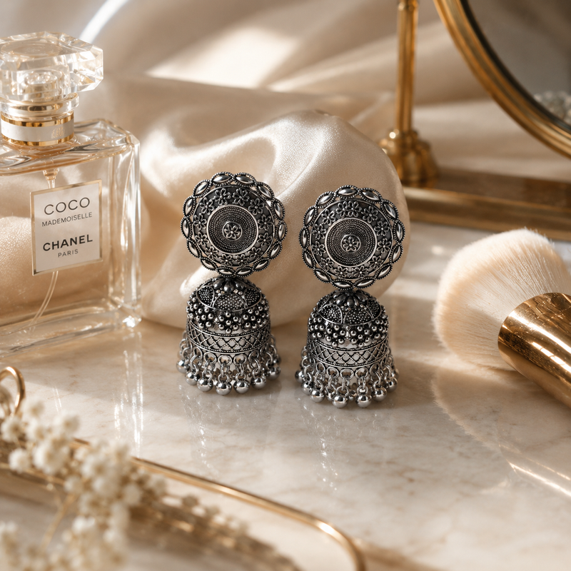 Traditional Oxidised Silver-Tone Dome Jhumka Earrings for Women 3