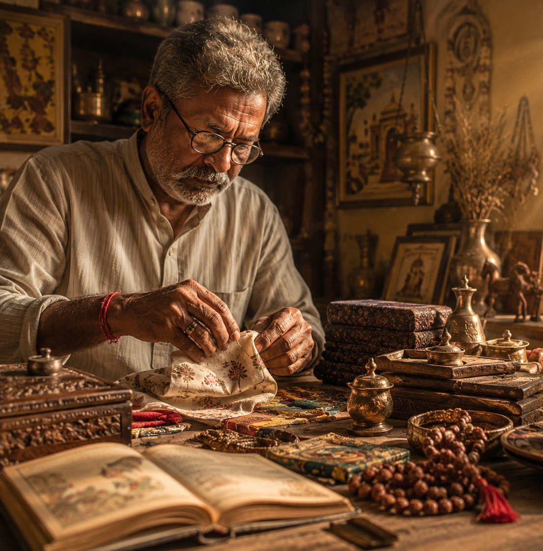 An elderly man with glasses and a gray beard sits at a wooden table in a warmly lit, antique-filled room, carefully handling a small piece of fabric or paper. The table is covered with books, beads, brass vessels, and other decorative objects, creating a rich, textured scene.