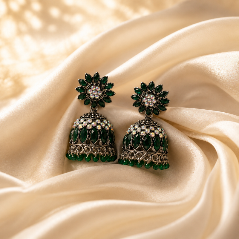 Emerald Green Floral Oxidised Jhumka Earrings with Crystal Accents for Women 3