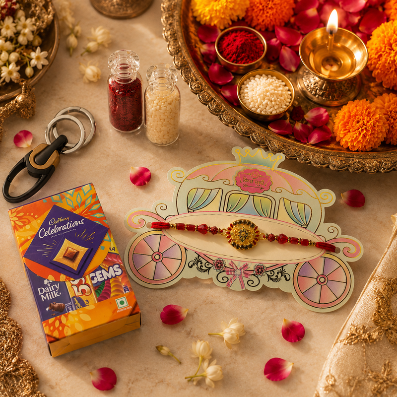 Banjaara Premium Floral Designer Rakhi Gift Hamper with Cadbury Celebrations 2